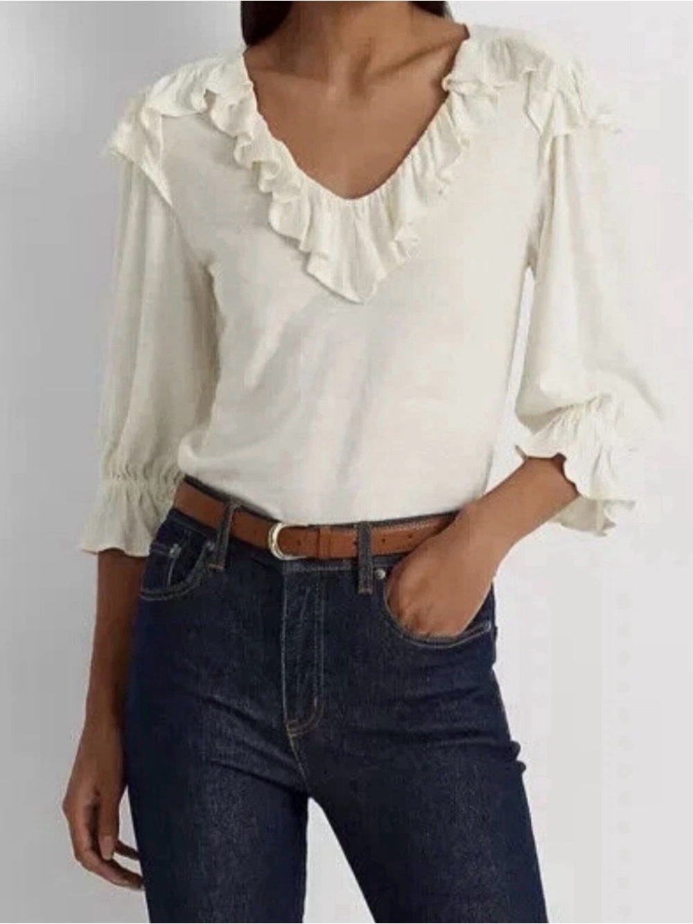 Lauren Ralph Lauren Ruffle Trim V-Neck Top Size L Winter Cream Ivory Feminine